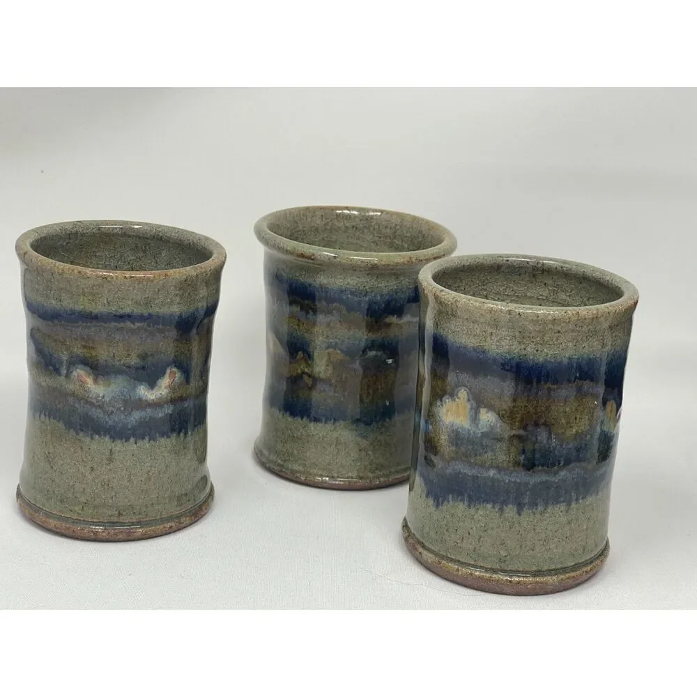 Pottery Air Plant/Vase/Mug Cup Ceramic Clay Handmade Blue Grey Set of 3 Signed